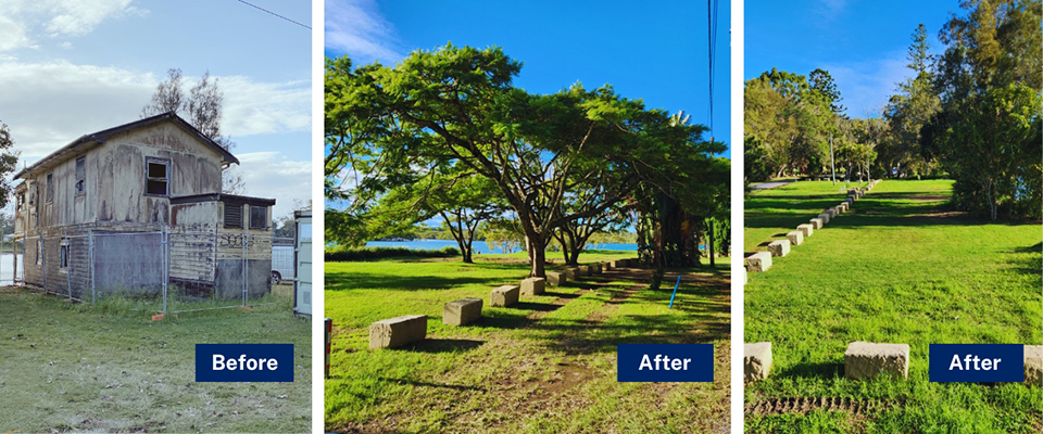 An image collage showing a 'before photo' of a derelict boat house in Atherton and an 'after photo' of a clear, green park.