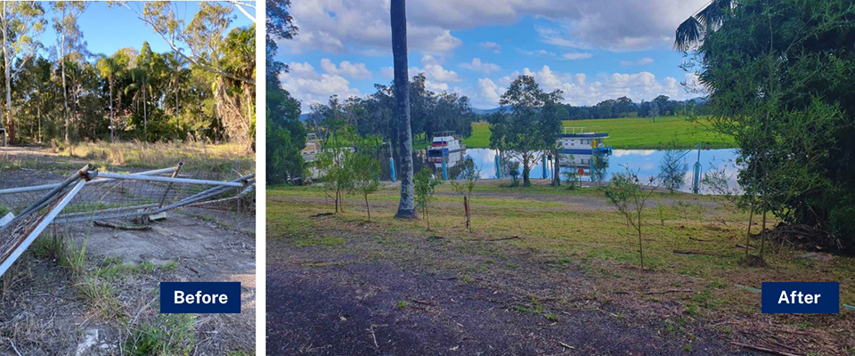 An image collage showing a cleared area next to a river in Bulahdelah.