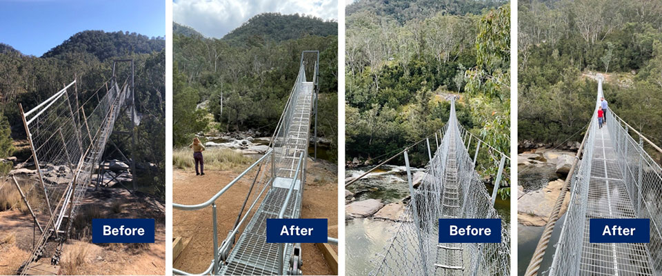 4 pictures of different aspects of before and after to a swing bridge upgrade