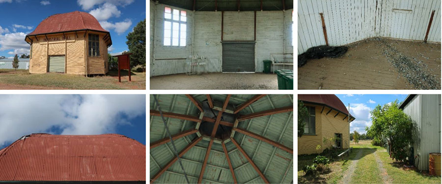 Images of structural problems in a 120-year old industrial hall of ceiling, walls and doors