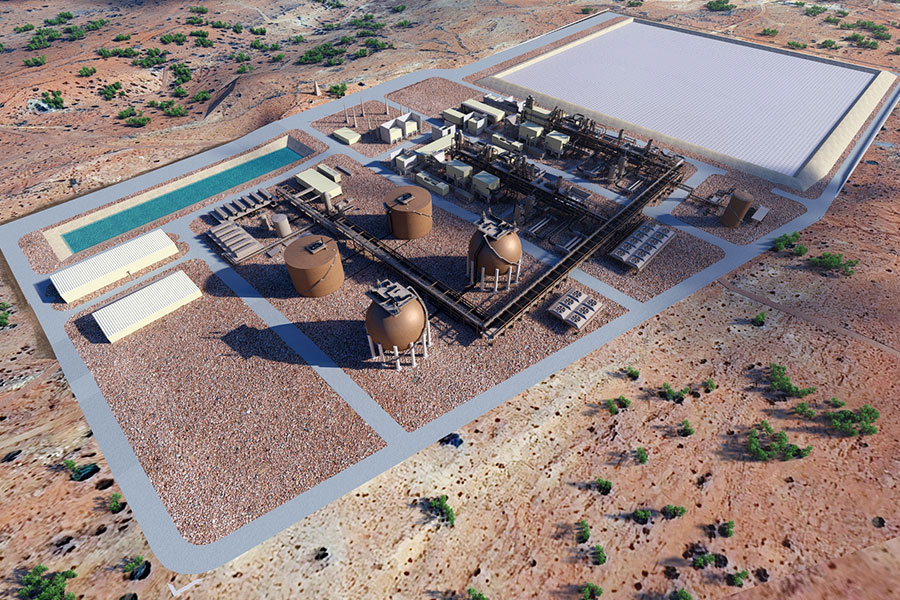 Aerial render view of what an old mine site at Broken Hill will look like when converted to hi-tech air energy storage system